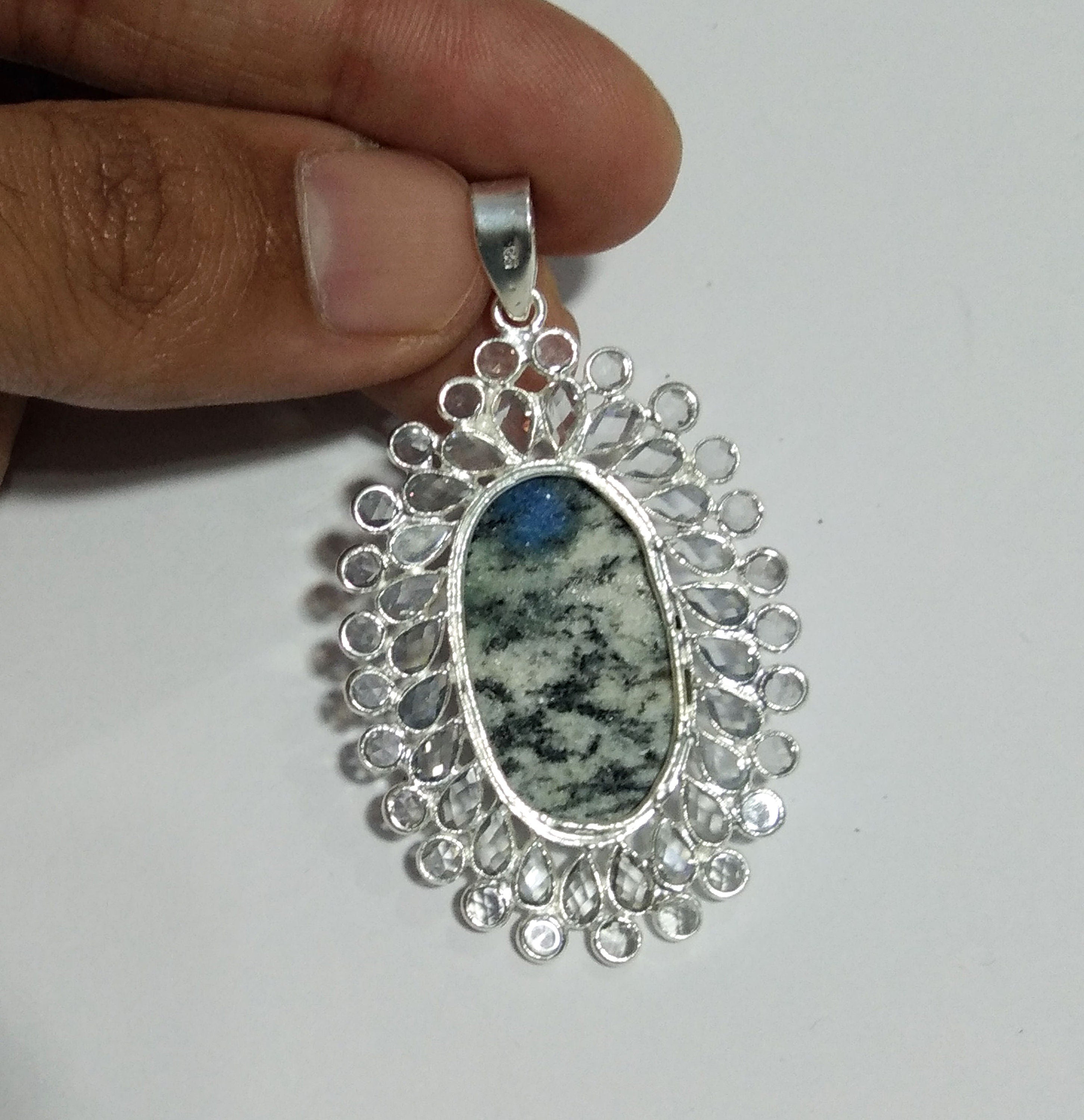 Natural K2 Jasper/White Zircon Stone Pendant, 925 Solid Starling Silver Pendant, Stone Size 27x16 mm Gift Valentine day Pendant Jewelry